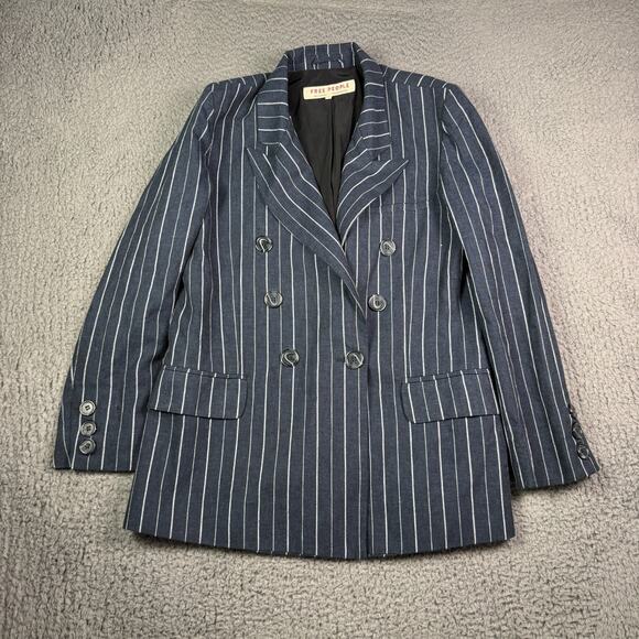 Free People Ashby Blazer Womens S Navy Blue Pinstriped Linen Double Breasted - Picture 2 of 12